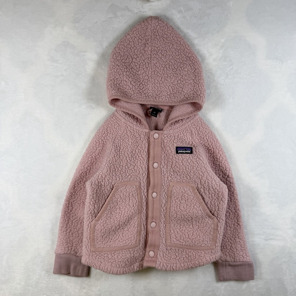 Patagonia Girls Retro Pile Fleece Hoody Pink Jacket 3T- Stains